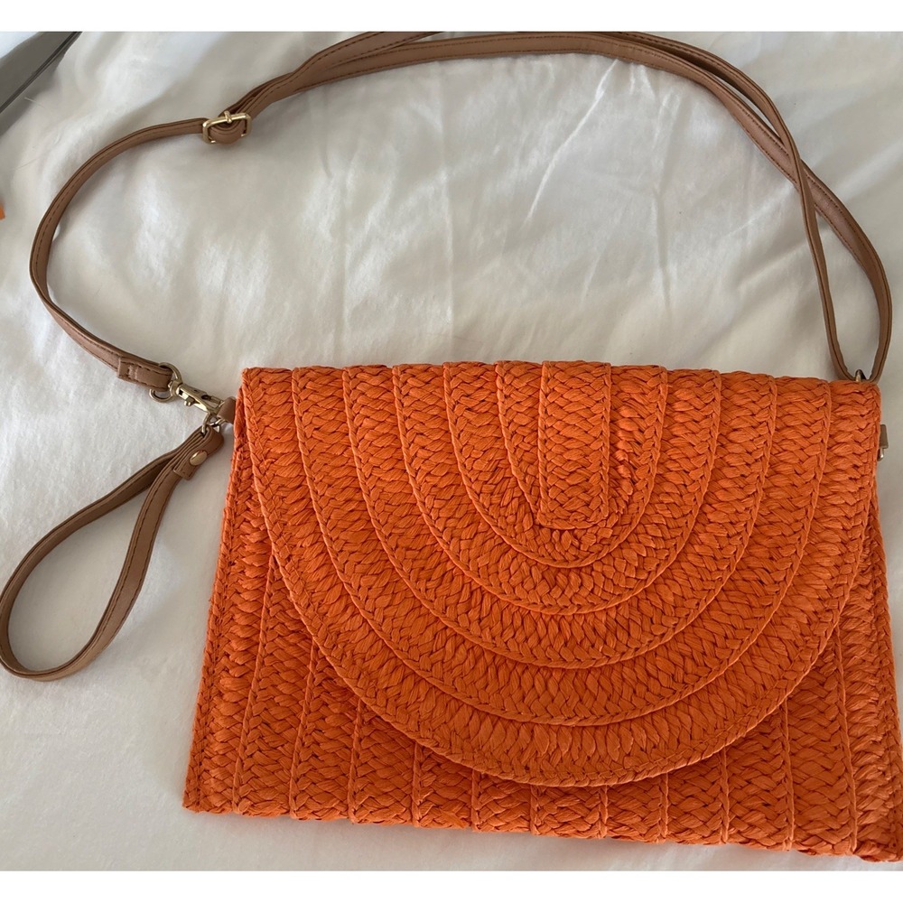 Handwoven Orange rattan like Clutch/Adjust. Shoulder Purse Summer Chic 11"x7.5"